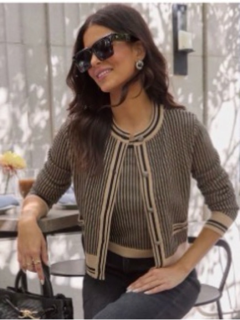 Vici Brown & Cream Striped Cropped Knit Cardigan